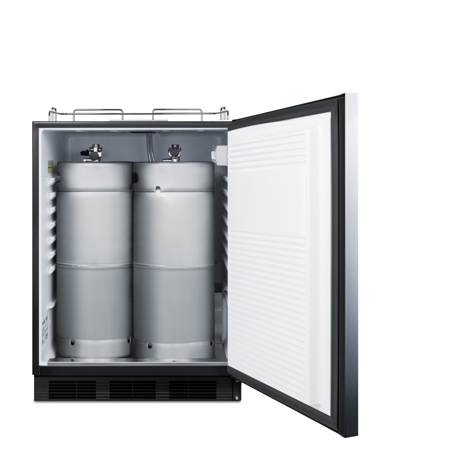 Built-in undercounter ADA height commercially listed kegerator with stainless steel wrapped door and black cabinet; no tapping equipment included